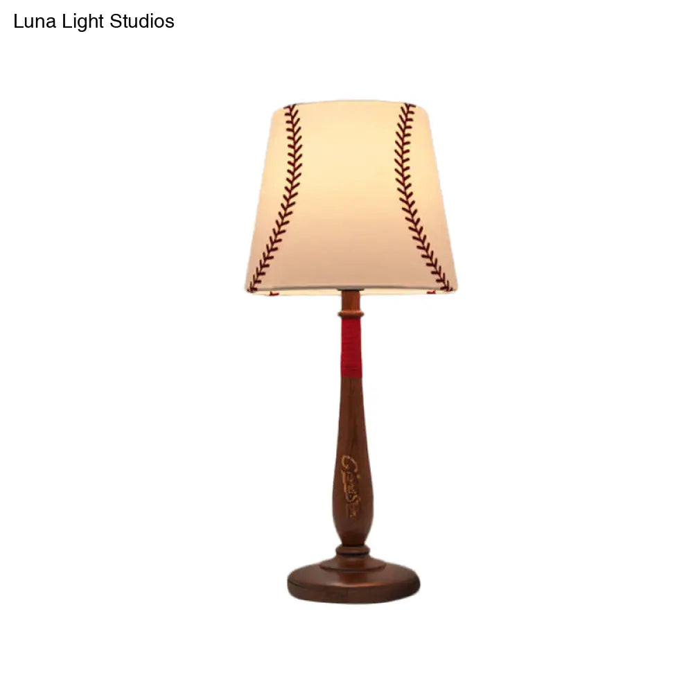 Modern Conical Fabric Table Light - 1-Light Brown/Wood Nightstand Lamp With Baseball Design