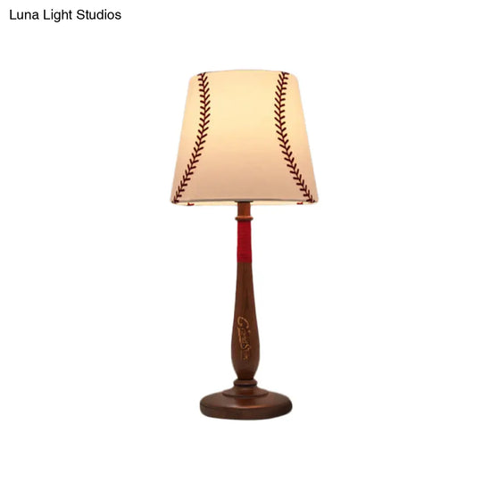 Modern Conical Fabric Table Light - 1-Light Brown/Wood Nightstand Lamp With Baseball Design