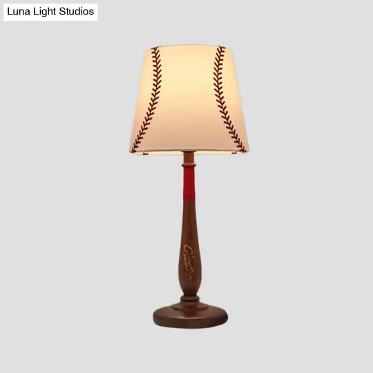 Modern Conical Fabric Table Light - 1-Light Brown/Wood Nightstand Lamp With Baseball Design