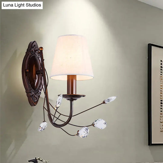 Modern Conical Fabric Wall Sconce - White 1/2-Light Fixture With Crystal Accent