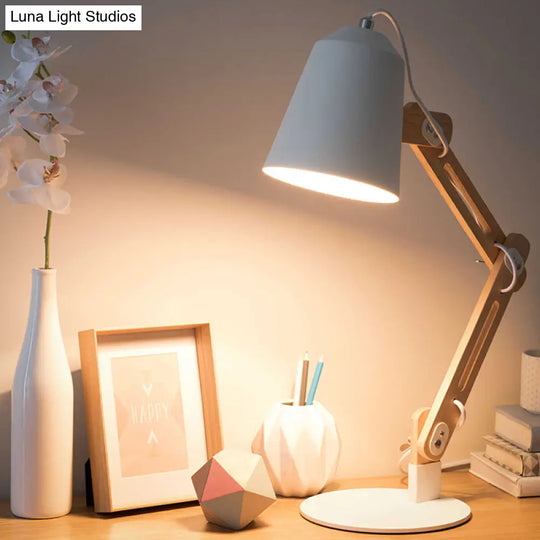 Modern Conical Metal Desk Lamp | Adjustable Wood Arm 1 Head White Table Light