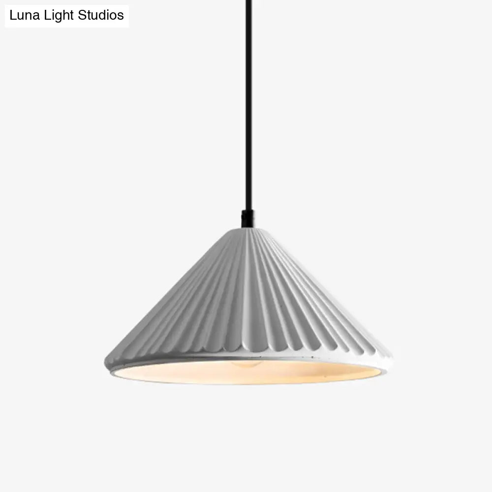 Ribbed Cement Conical Ceiling Light - Modern Hanging Lamp For Bedside Or Dining Room White