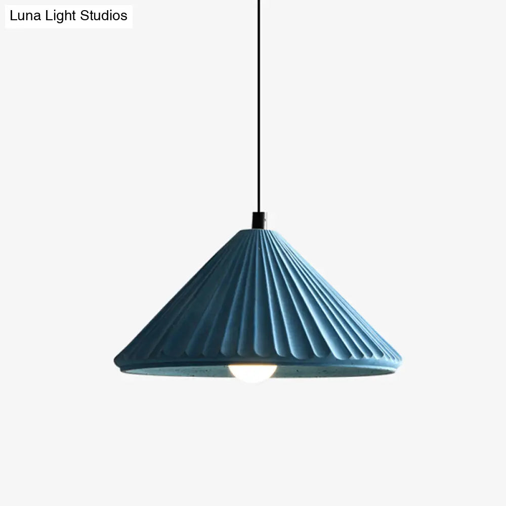 Ribbed Cement Conical Ceiling Light - Modern Hanging Lamp For Bedside Or Dining Room Blue