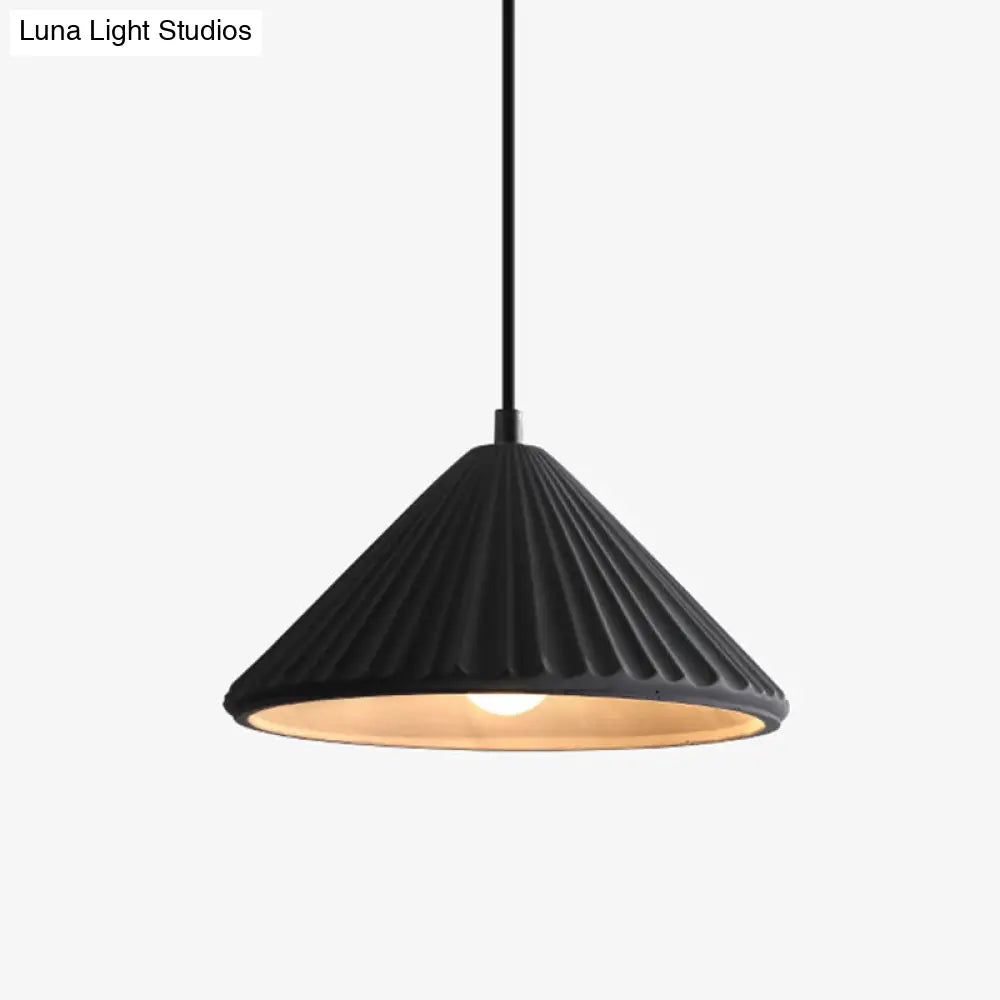 Ribbed Cement Conical Ceiling Light - Modern Hanging Lamp For Bedside Or Dining Room Black