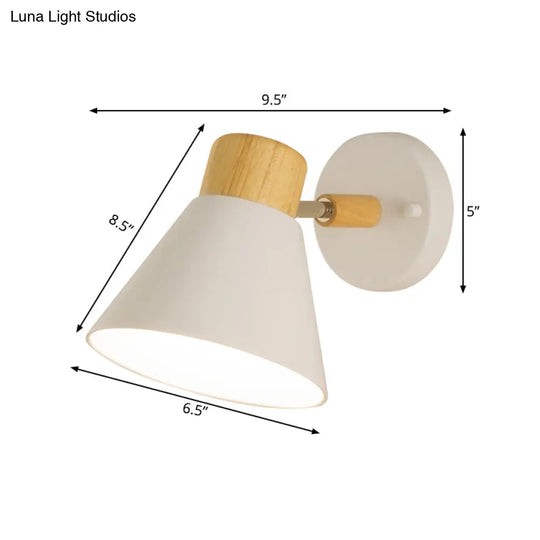 Modern Conical Sconce With Wood Cap: White Metal Wall Mount Light Fixture (1 Bulb)