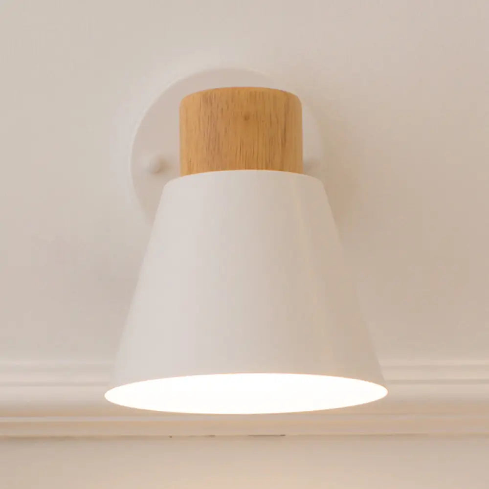 Modern Conical Sconce With Wood Cap: White Metal Wall Mount Light Fixture (1 Bulb)