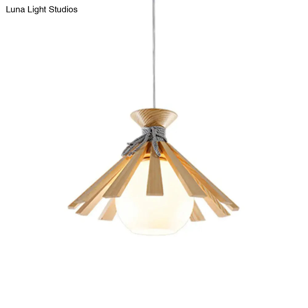 Modern Conical Wood Pendant Light Kit - 1-Light Down Lighting With White Dome Glass Shade