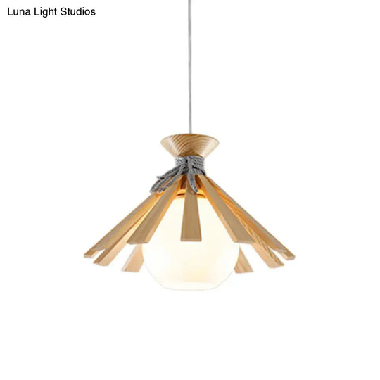 Modern Conical Wood Pendant Light Kit - 1-Light Down Lighting With White Dome Glass Shade