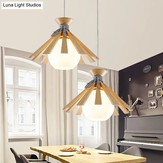 Modern Conical Wood Pendant Light Kit - 1-Light Down Lighting With White Dome Glass Shade