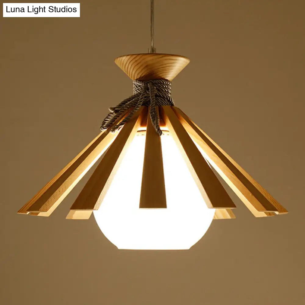 Modern Conical Wood Slat Pendant Light Kit With White Glass Shade