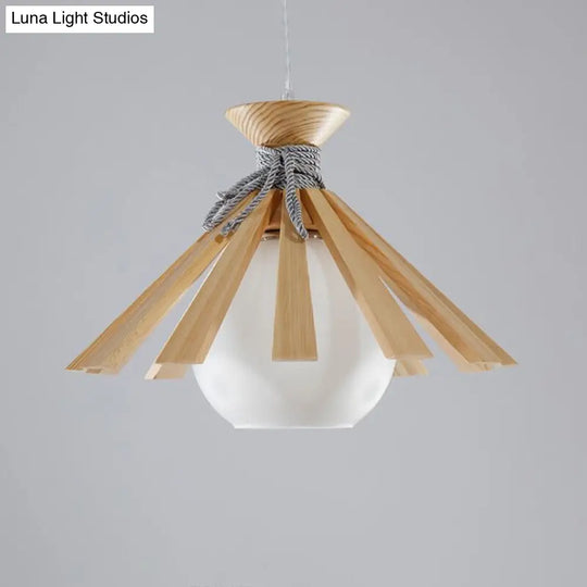 Modern Conical Wood Pendant Light Kit - 1-Light Down Lighting With White Dome Glass Shade