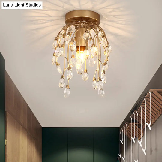 Modern Corolla Crystal Close To Ceiling Lamp - 1 Light Semi Flush Mount Brass Lighting For Corridors