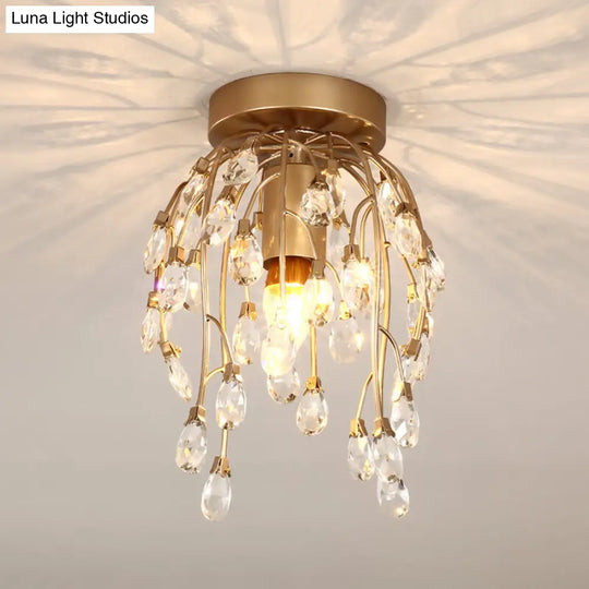 Modern Corolla Crystal Close To Ceiling Lamp - 1 Light Semi Flush Mount Brass Lighting For Corridors