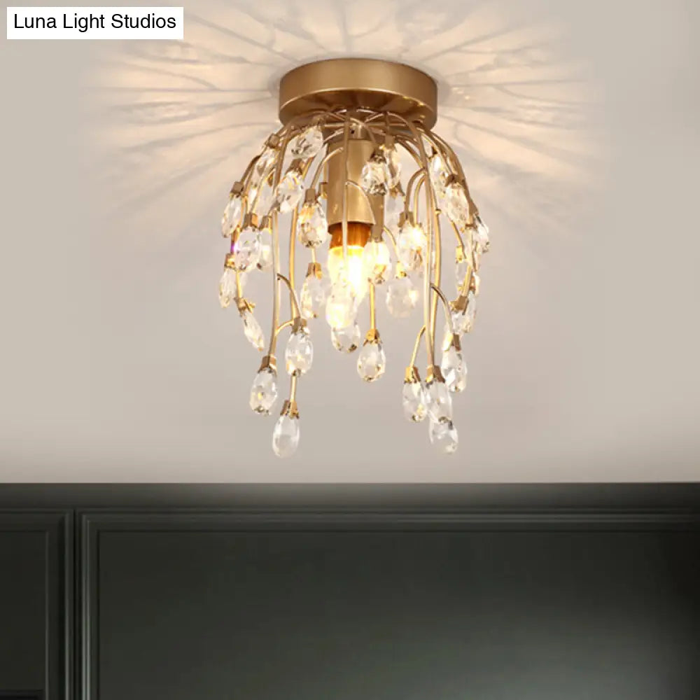 Modern Corolla Crystal Close To Ceiling Lamp - 1 Light Semi Flush Mount Brass Lighting For Corridors