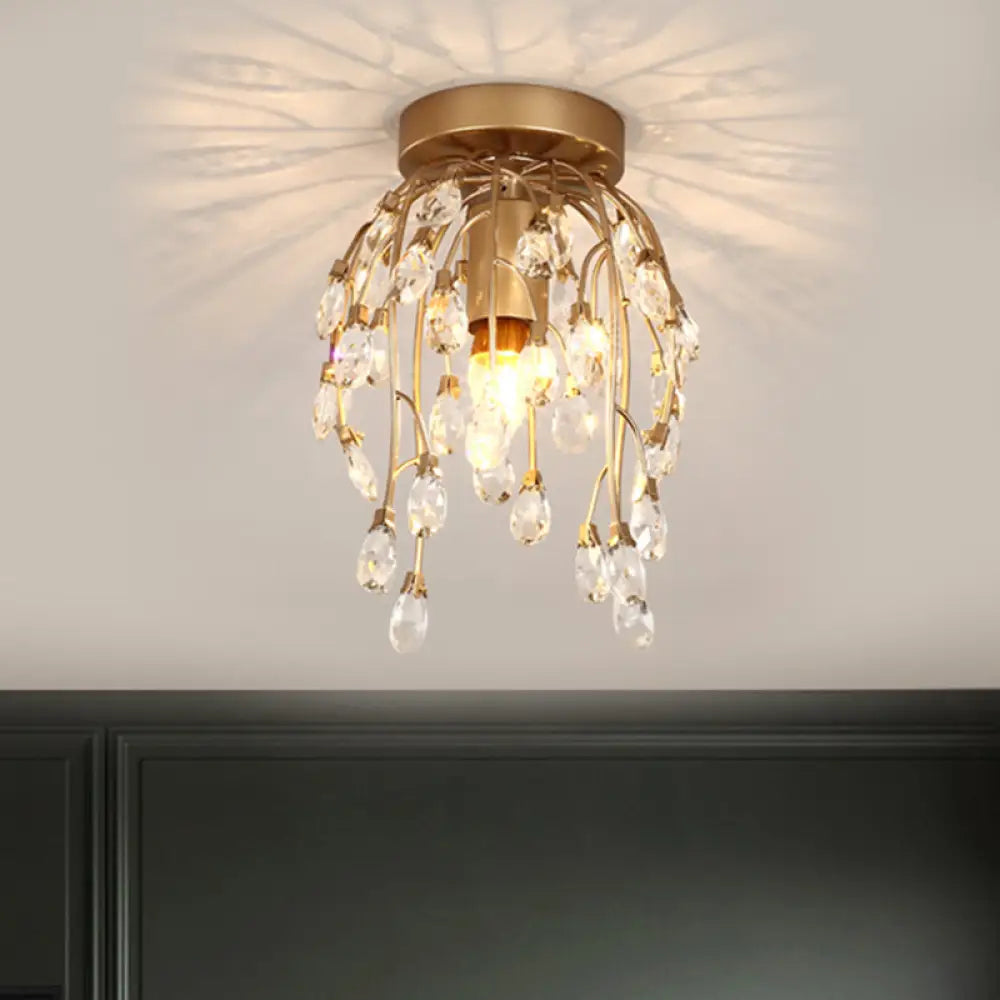 Modern Corolla Crystal Close To Ceiling Lamp - 1 Light Semi Flush Mount Brass Lighting For Corridors