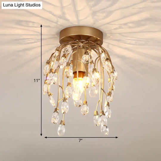 Modern Corolla Crystal Close To Ceiling Lamp - 1 Light Semi Flush Mount Brass Lighting For Corridors