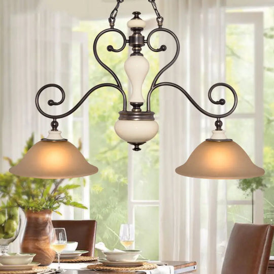 Modern Countryside Style Chandelier Light - White Glass Black Island Lamp With Flared 2 Heads And