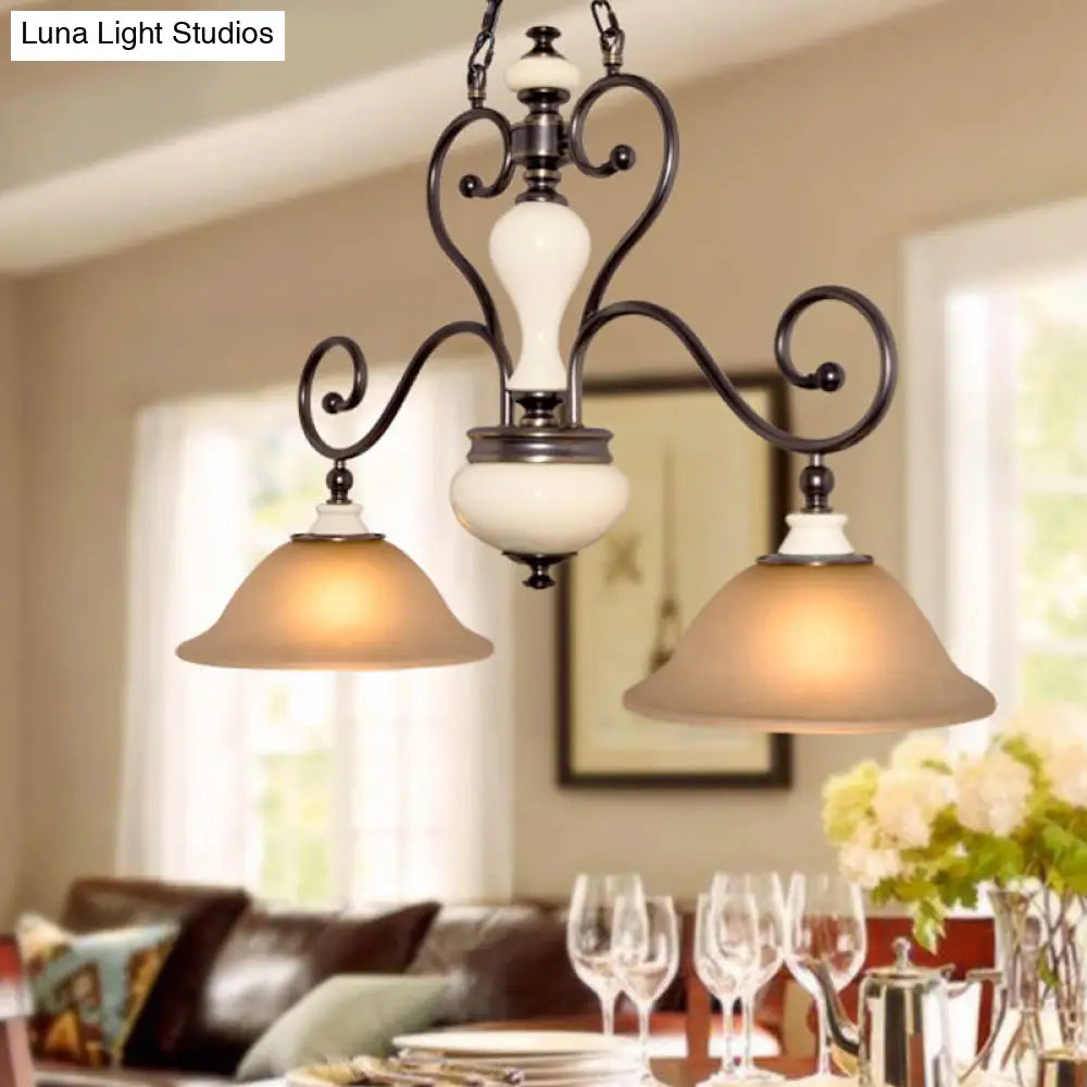 Modern Countryside Style Chandelier Light - White Glass Black Island Lamp With Flared 2 Heads And