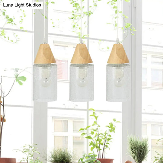 Modern 3-Bulb Wood Suspension Lamp: Clear Cracked Glass Tube Pendant For Dining Room