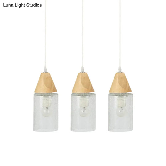 Modern Cracked Glass Tube Pendant With Wood Suspension - 3-Bulb Multi-Light Lamp For Dining Room