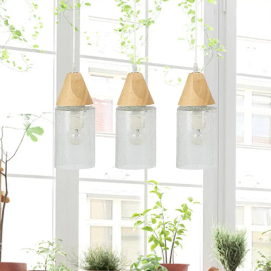 Modern Cracked Glass Tube Pendant With Wood Suspension - 3-Bulb Multi-Light Lamp For Dining Room