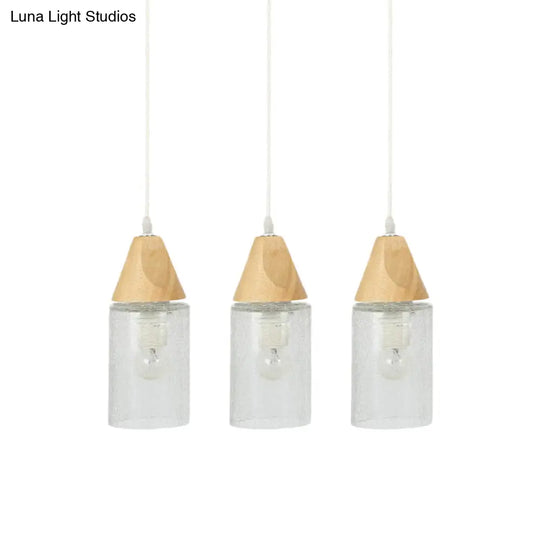 Modern 3-Bulb Wood Suspension Lamp: Clear Cracked Glass Tube Pendant For Dining Room