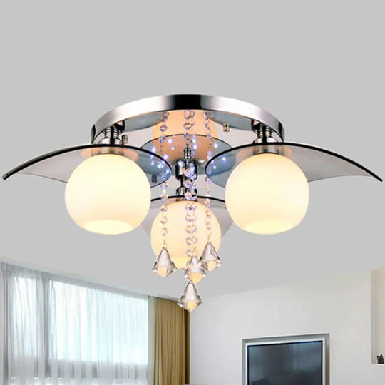 Modern Cream Glass Ball Dining Room Semi Flush Light With Crystal Diamond Accents - 3 - Bulb Chrome