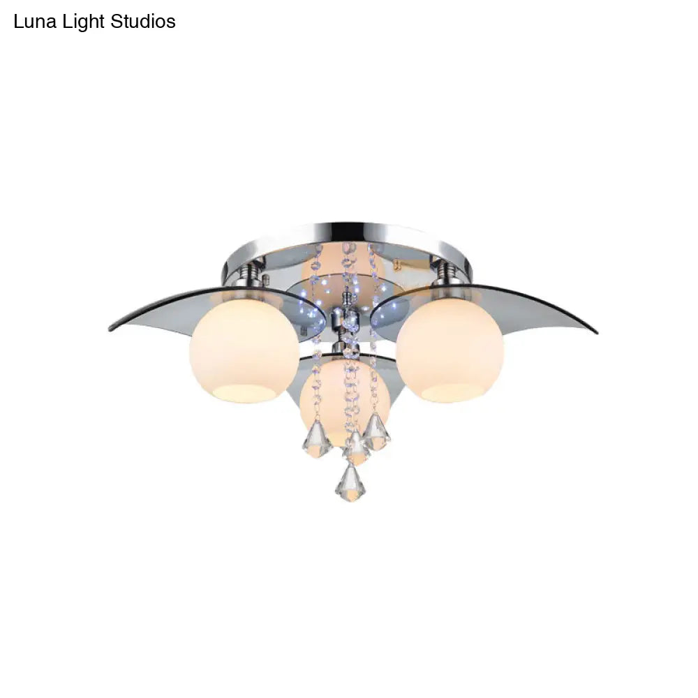 Modern Cream Glass Ball Dining Room Semi Flush Light With Crystal Diamond Accents - 3-Bulb Chrome