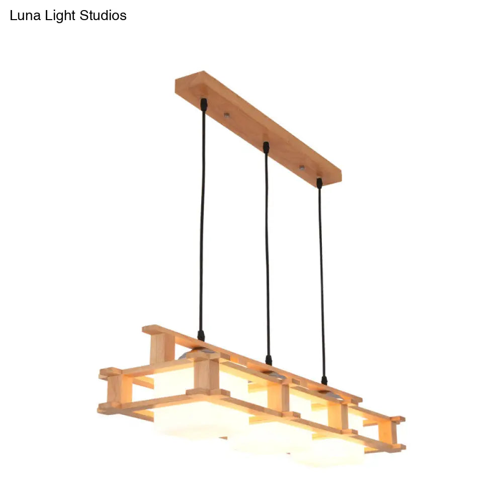 Modern Cream Glass Cube Pendant Light With 3 Wooden Heads