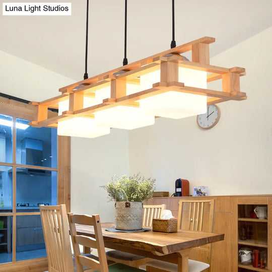 Modern Cream Glass Cube Pendant Light With 3 Wooden Heads