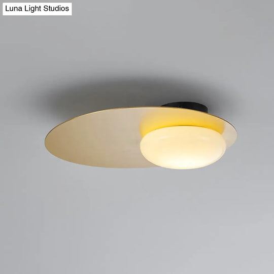 Modern Cream Glass Flush Mount Lamp: Designer 1 - Light Ceiling Fixture With Black/Brass Disk Top