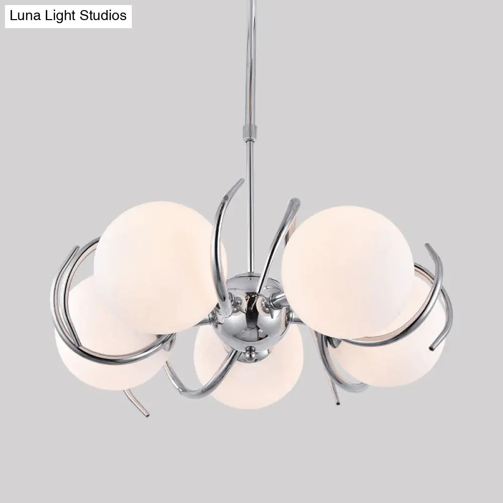 Modern Cream Glass Pendant Chandelier With Spherical Design - 5-Head Chrome Twisted Hanging Light