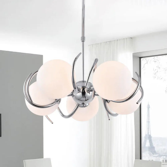 Modern Cream Glass Pendant Chandelier With Spherical Design - 5-Head Chrome Twisted Hanging Light