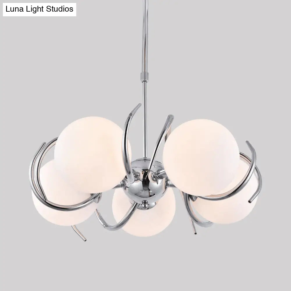 Sleek 5-Light Cream Glass Spherical Pendant Chandelier With Chrome Twisted Hanging Kit