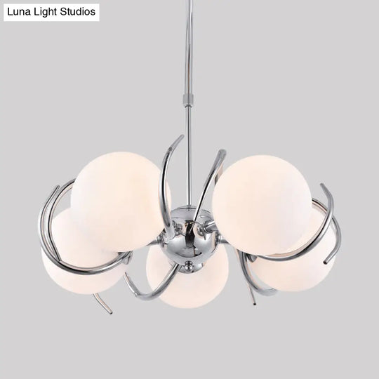 Sleek 5-Light Cream Glass Spherical Pendant Chandelier With Chrome Twisted Hanging Kit