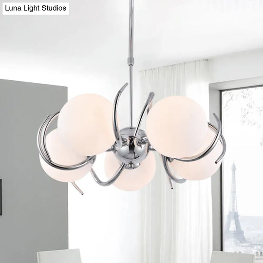 Sleek 5-Light Cream Glass Spherical Pendant Chandelier With Chrome Twisted Hanging Kit