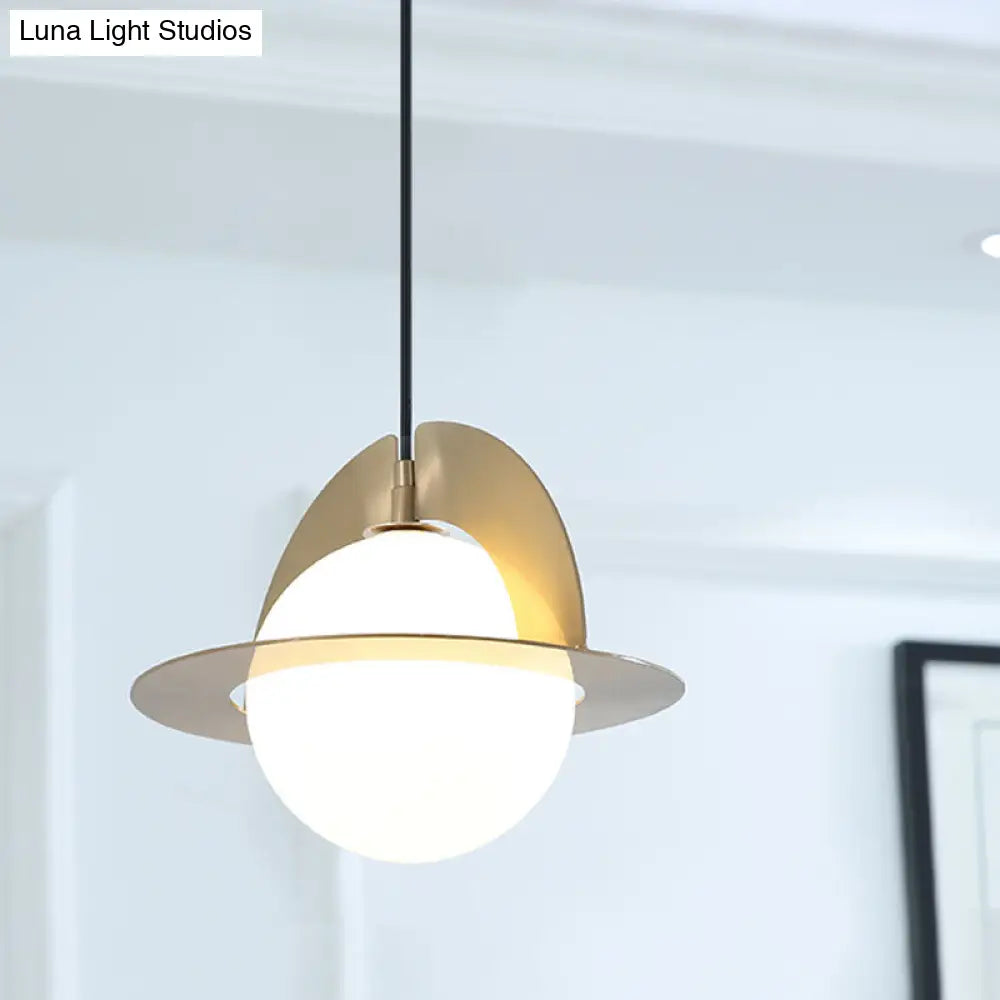 Cream Glass Sphere Pendant Lamp With Gold Panel Detail - Post Modern Design