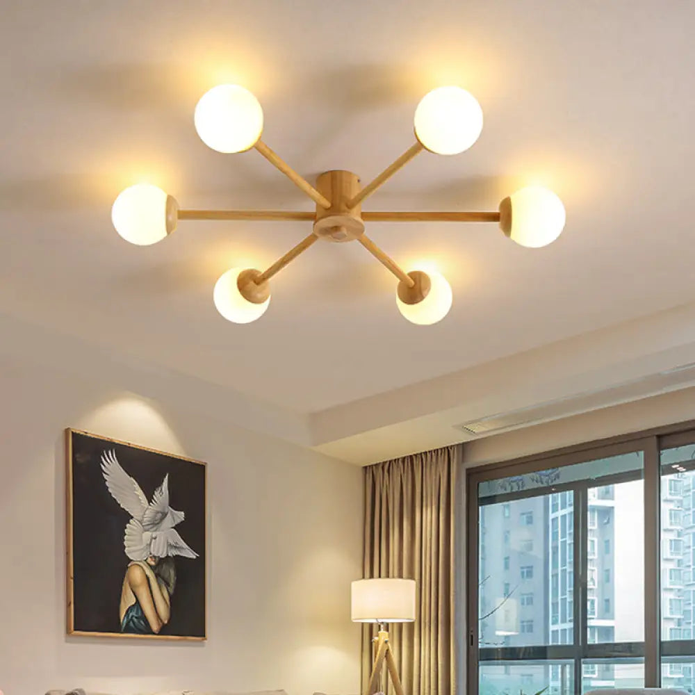 Modern Cream Glass Sputnik Flush Mount Ceiling Light For Living Room 6 / Wood