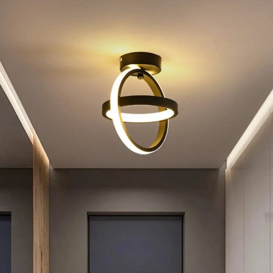 Modern Crossed Circle Led Ceiling Lamp In Warm/White Light - Metal Flush Mount Fixture Black / Warm