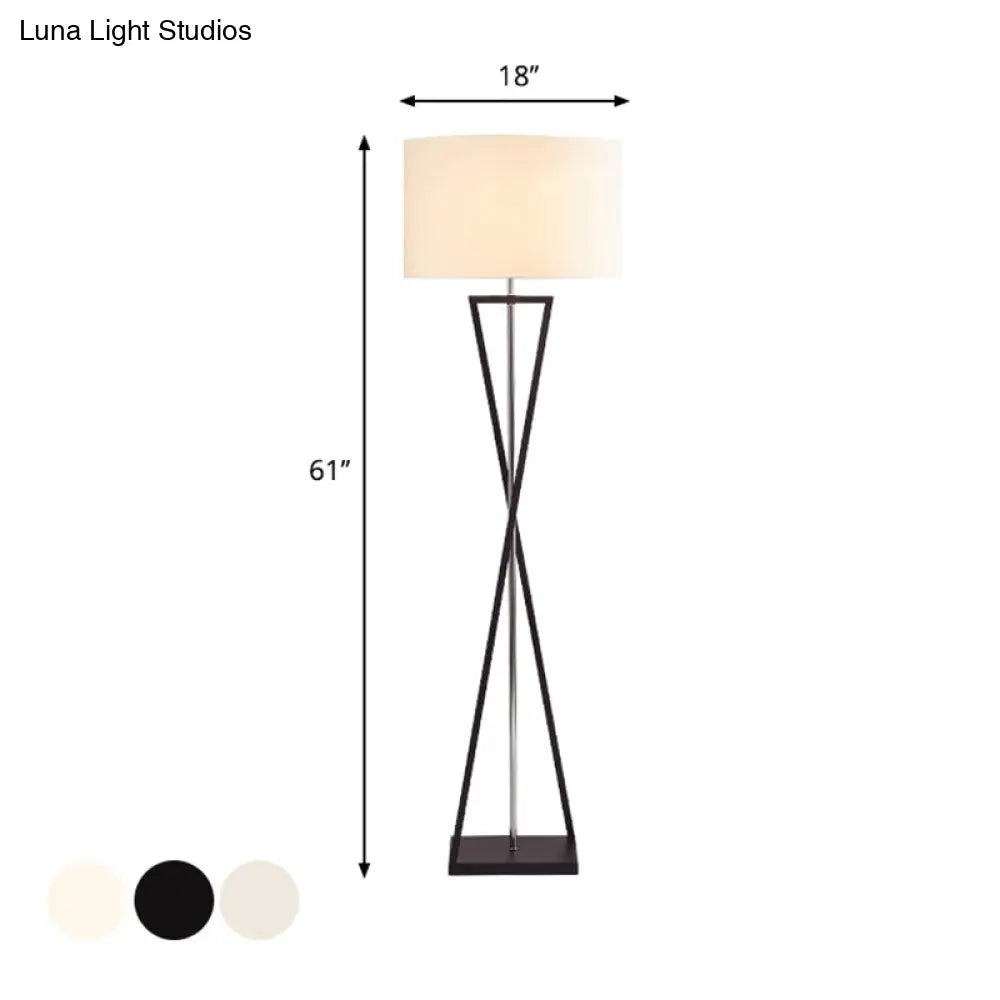 Modern Crossing Line Iron Stand-Up Lamp | 1-Bulb Reading Floor With Drum Shade (White/Black)