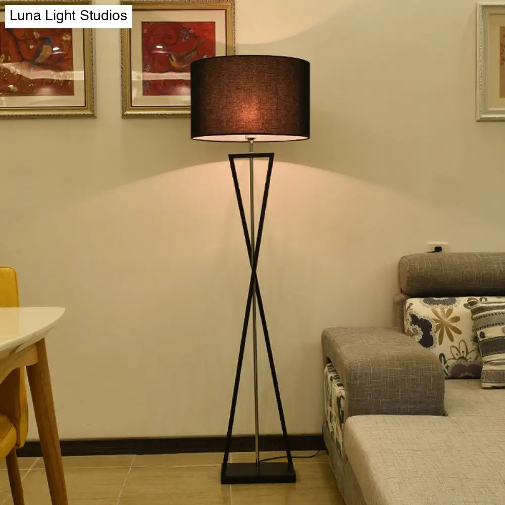 Modern Crossing Line Iron Stand-Up Lamp | 1-Bulb Reading Floor With Drum Shade (White/Black)