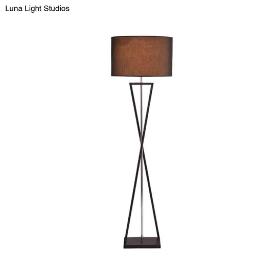 Modern Crossing Line Iron Stand-Up Lamp | 1-Bulb Reading Floor With Drum Shade (White/Black)