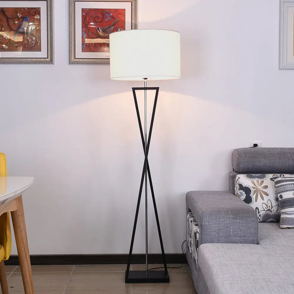 Modern Crossing Line Iron Stand-Up Lamp | 1-Bulb Reading Floor With Drum Shade (White/Black)