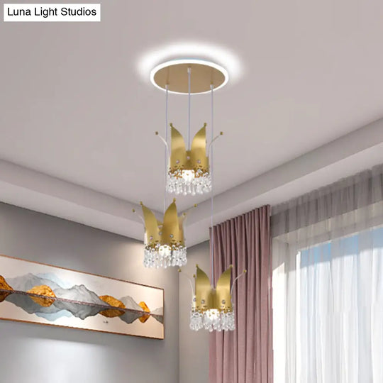 Modern Crown Cluster Pendant: 3-Head Nursery Suspension Light In Gold With Crystal Drops