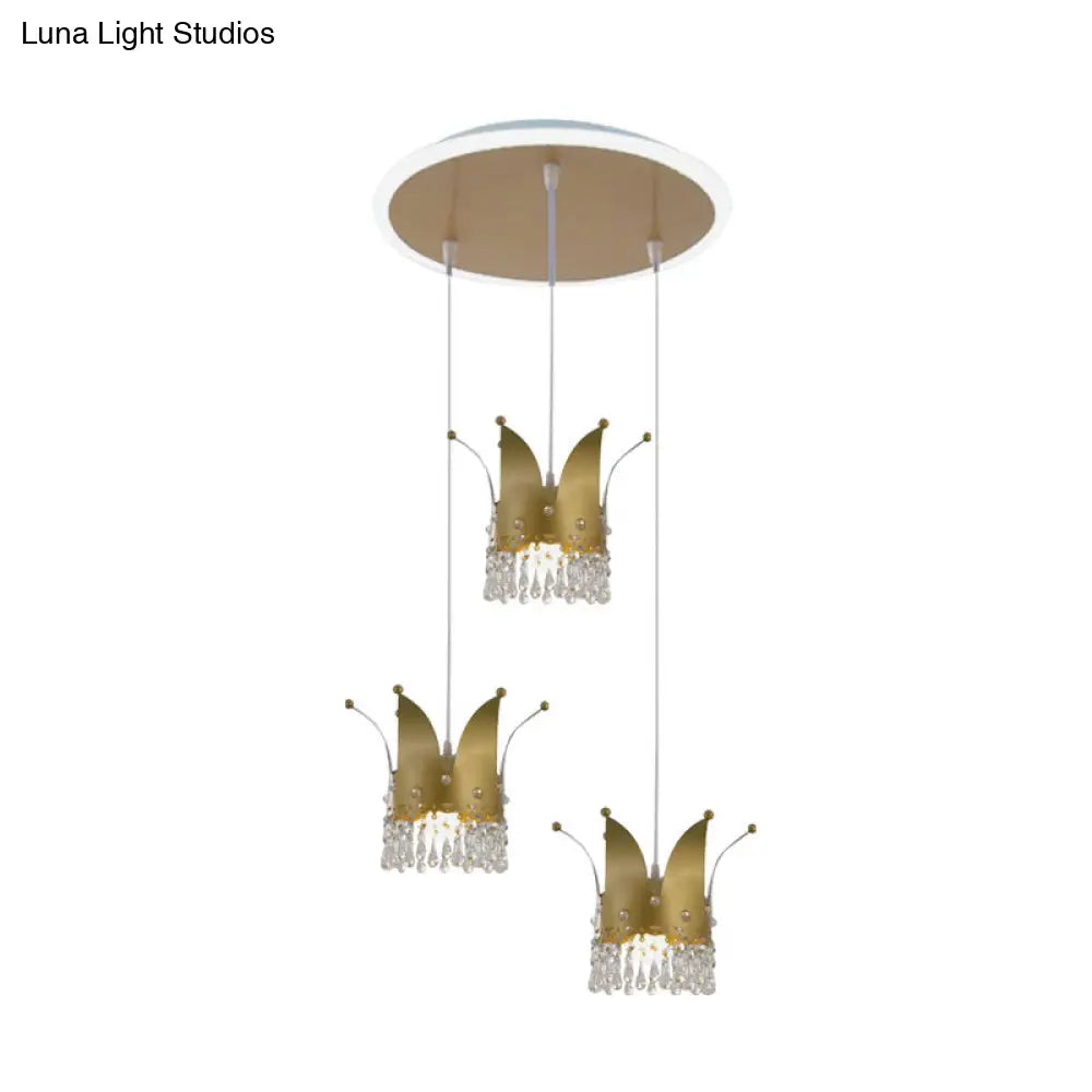 Modern Crown Cluster Pendant: 3-Head Nursery Suspension Light In Gold With Crystal Drops