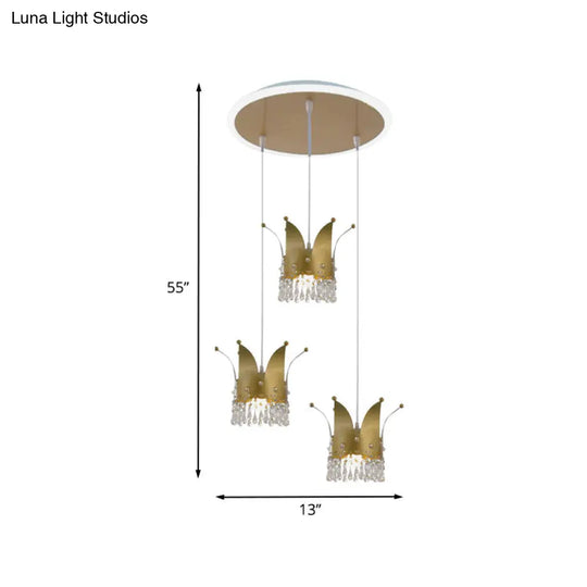 Modern Crown Cluster Pendant: 3-Head Nursery Suspension Light In Gold With Crystal Drops