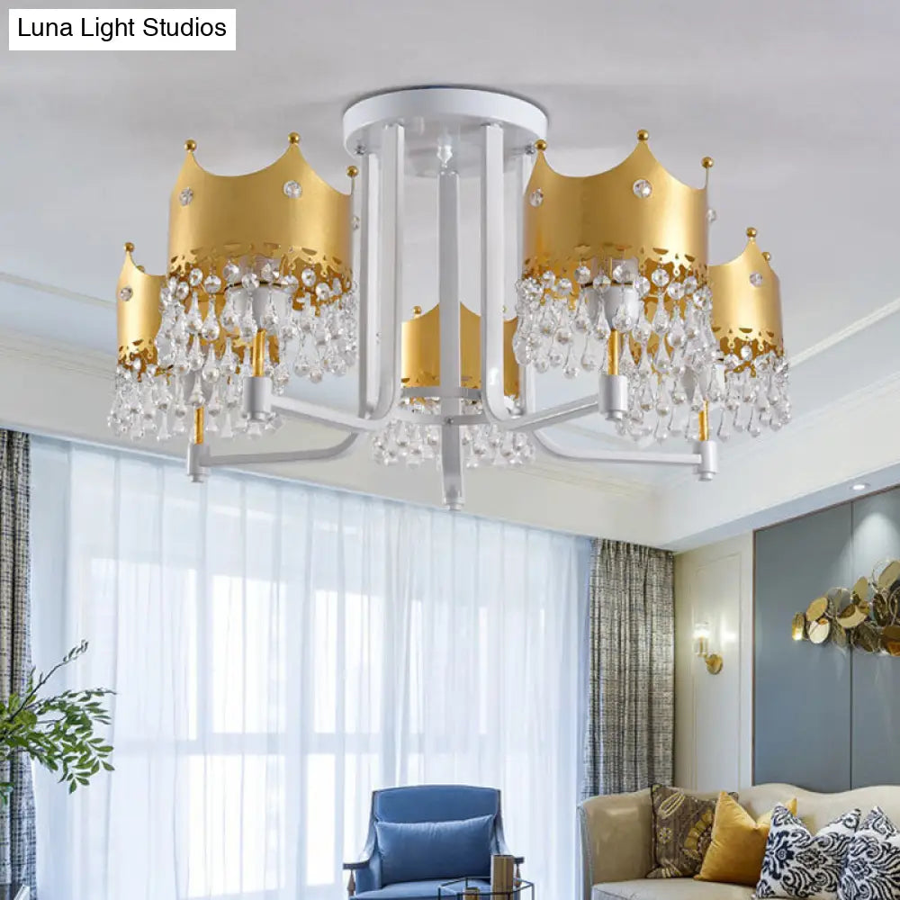 Modern Crown Shape Chandelier Light - Waterdrop Crystal 5 Lights Gold Ceiling Fixture