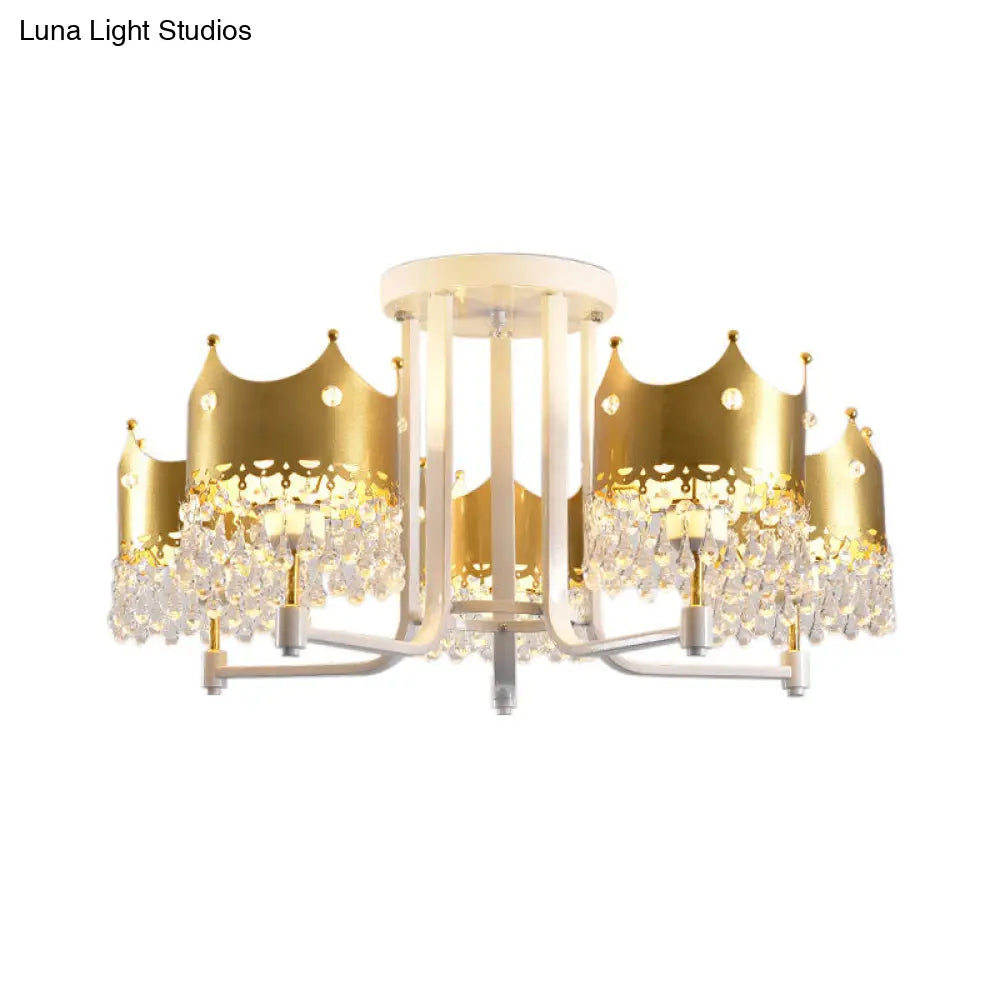 Modern Gold Crown Chandelier With Waterdrop Crystal Accents - 5 Lights