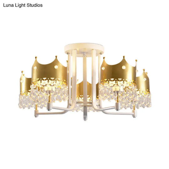 Modern Gold Crown Chandelier With Waterdrop Crystal Accents - 5 Lights