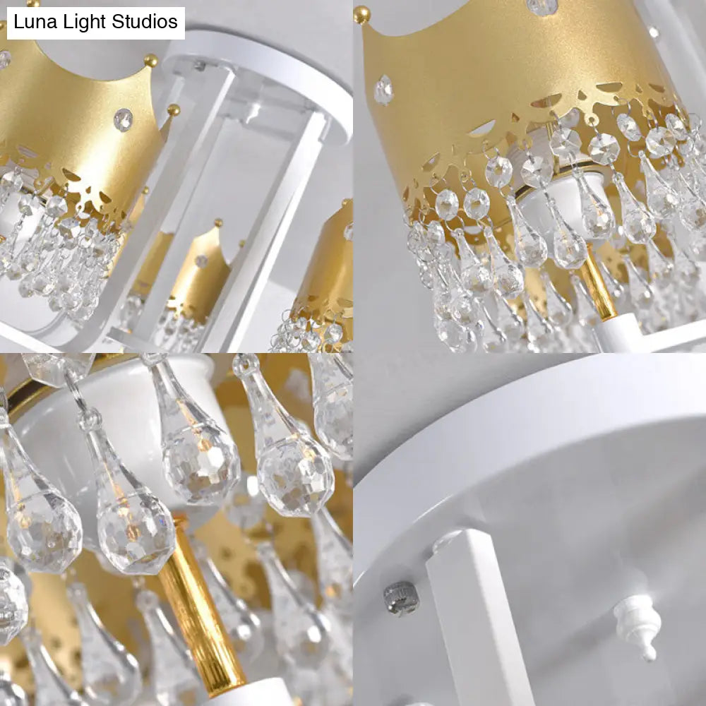 Modern Gold Crown Chandelier With Waterdrop Crystal Accents - 5 Lights